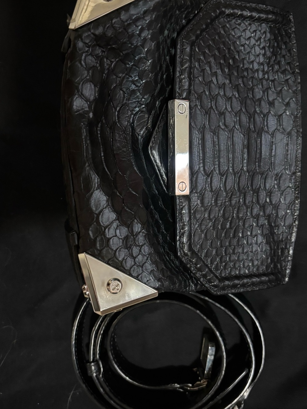 Alexander Wang Black Mini Python-Texture Crossbody Bag with Silver Hardware